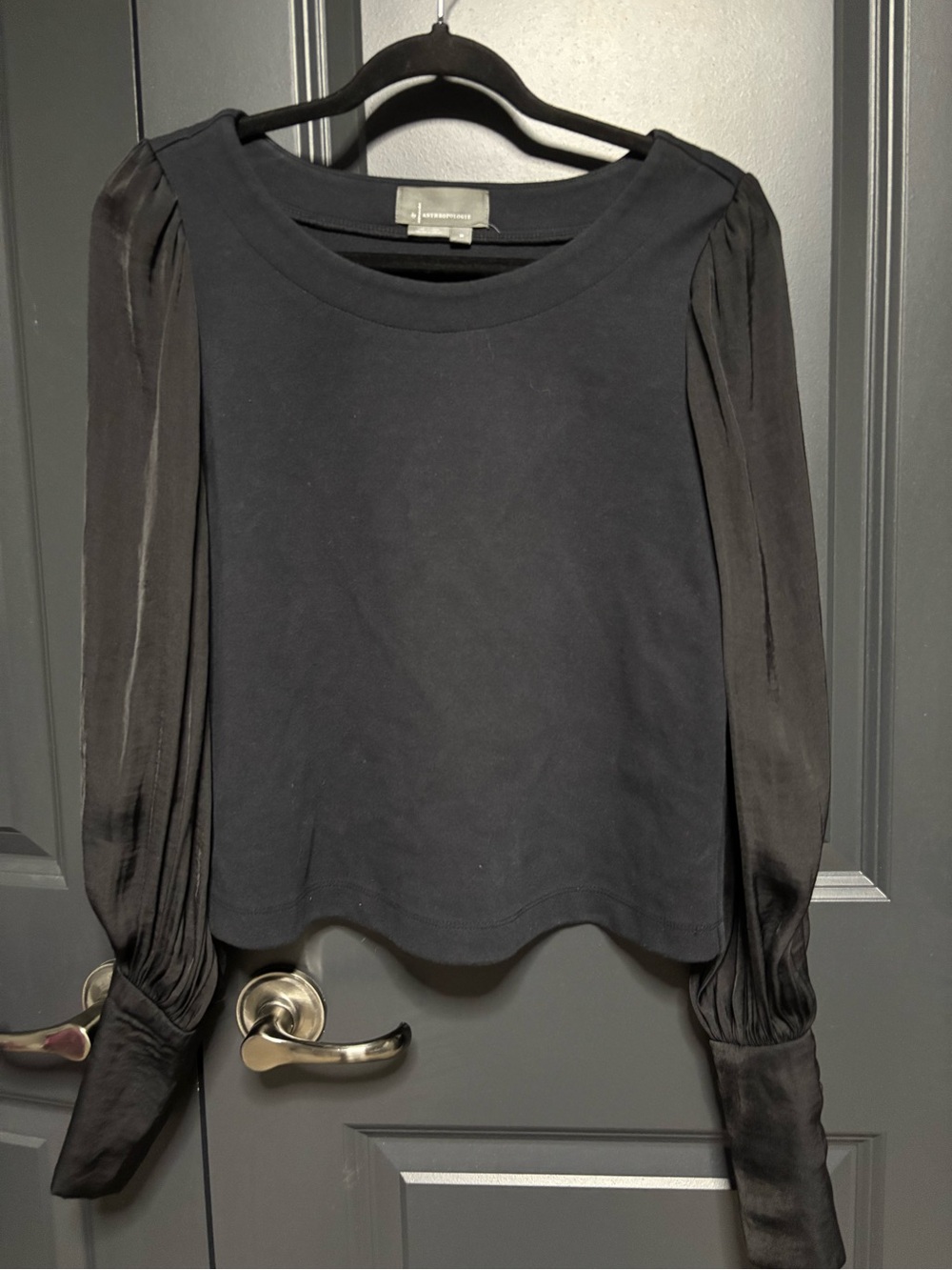 Anthropologie Black Long-Sleeve Mixed-Media Puff Sleeve Top